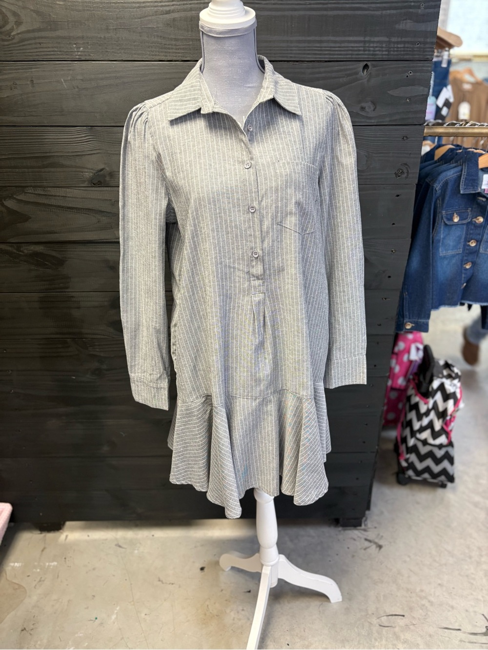 Women's Gray Striped Long-Sleeve Shirt Dress